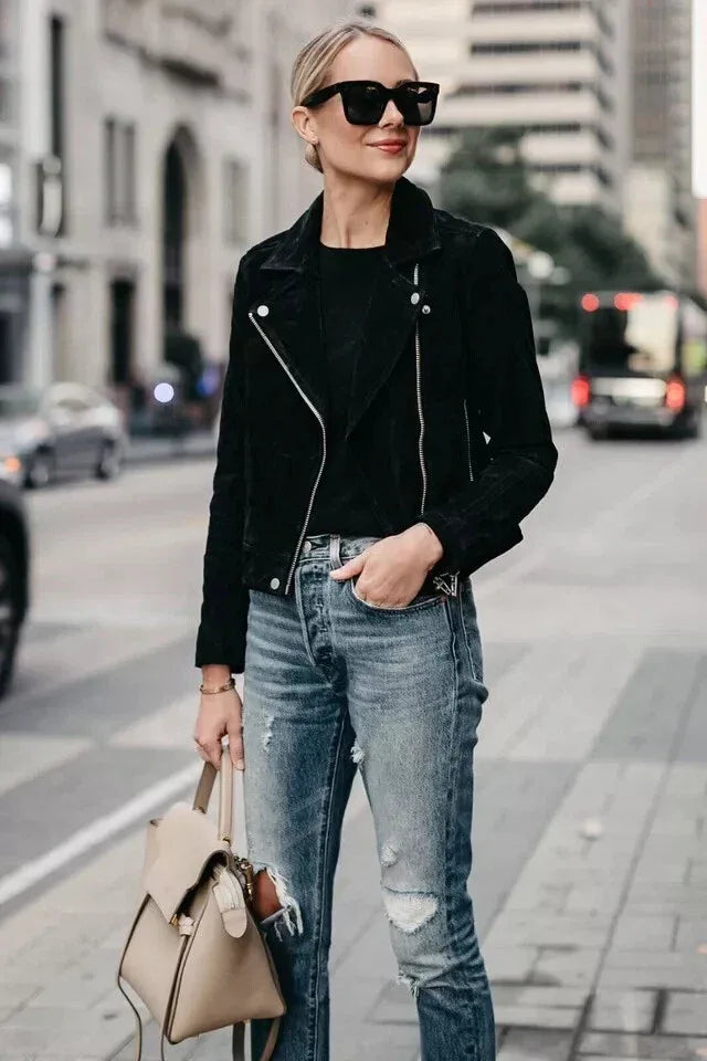 Women's Black Suede Original Leather Moto Jacket - Premium Full-Grain Handcrafted Classic