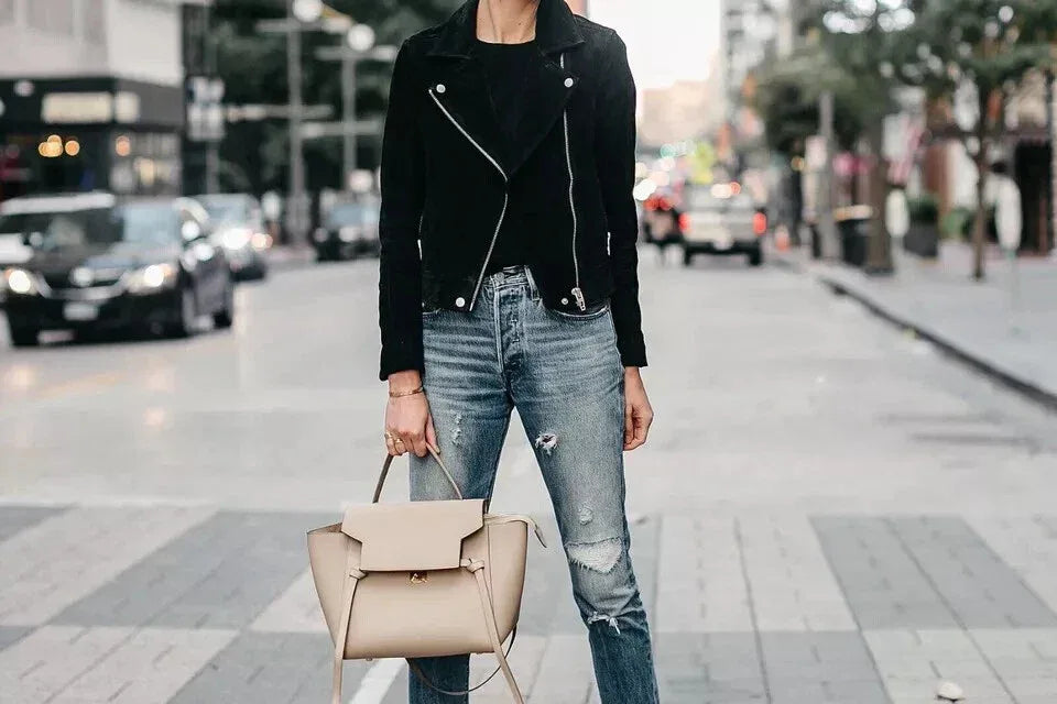 Women's Black Suede Original Leather Moto Jacket - Premium Full-Grain Handcrafted Classic