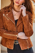 Women's Camel Brown Suede Original Leather Moto Jacket - Premium Full-Grain Handcrafted Gold Hardware