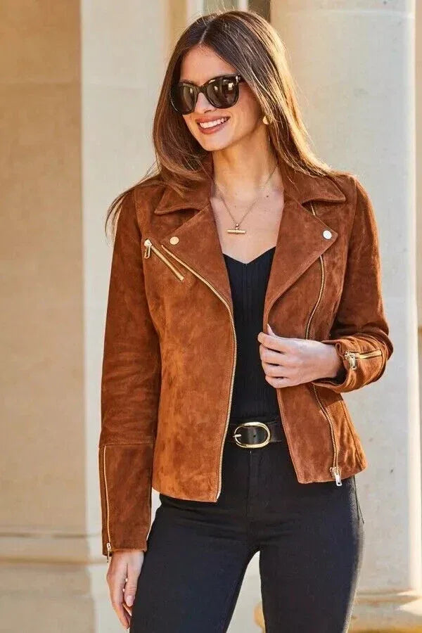 Women's Camel Brown Suede Original Leather Moto Jacket - Premium Full-Grain Handcrafted Gold Hardware