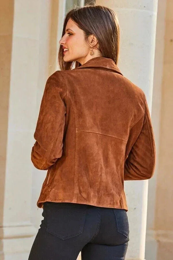 Women's Camel Brown Suede Original Leather Moto Jacket - Premium Full-Grain Handcrafted Gold Hardware