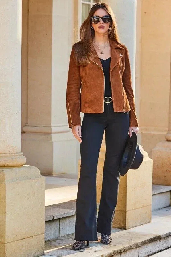 Women's Camel Brown Suede Original Leather Moto Jacket - Premium Full-Grain Handcrafted Gold Hardware