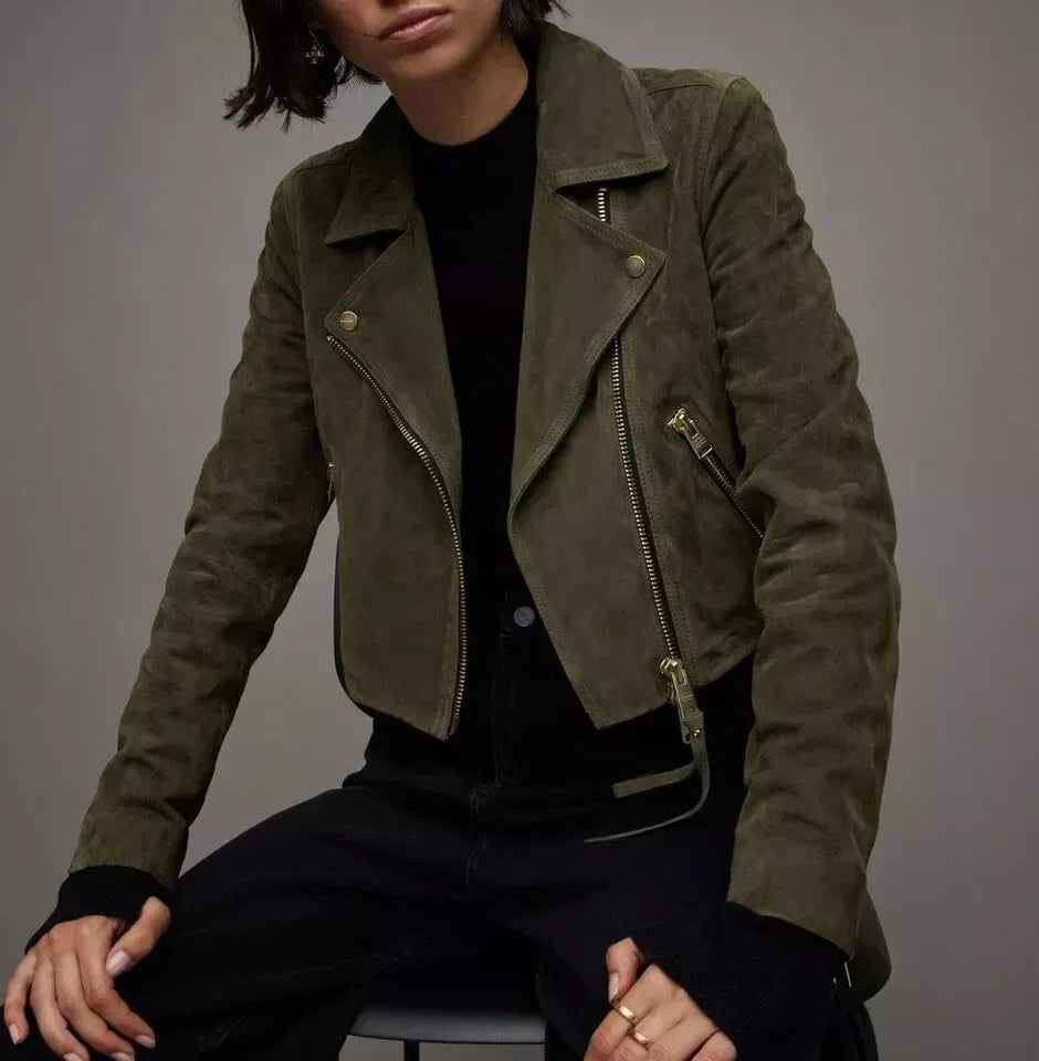 Women's Olive Green Original Suede Leather Moto Jacket - Premium Full-Grain Handcrafted Classic