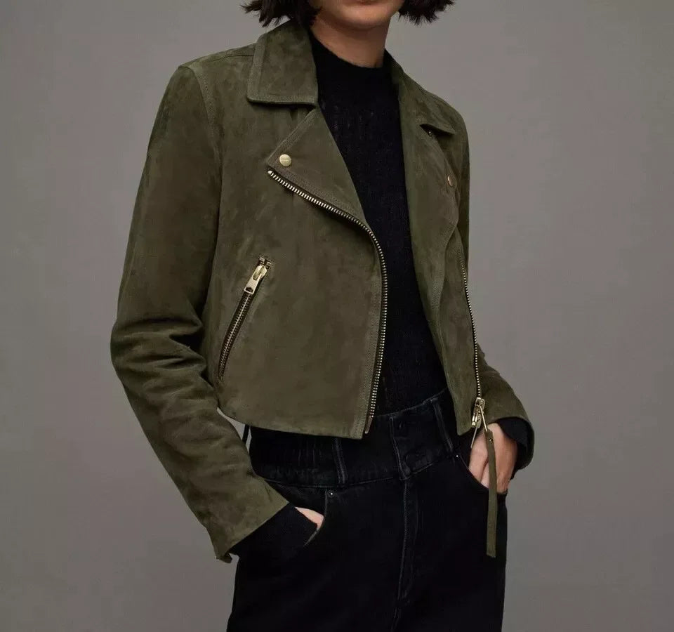 Women's Olive Green Original Suede Leather Moto Jacket - Premium Full-Grain Handcrafted Classic