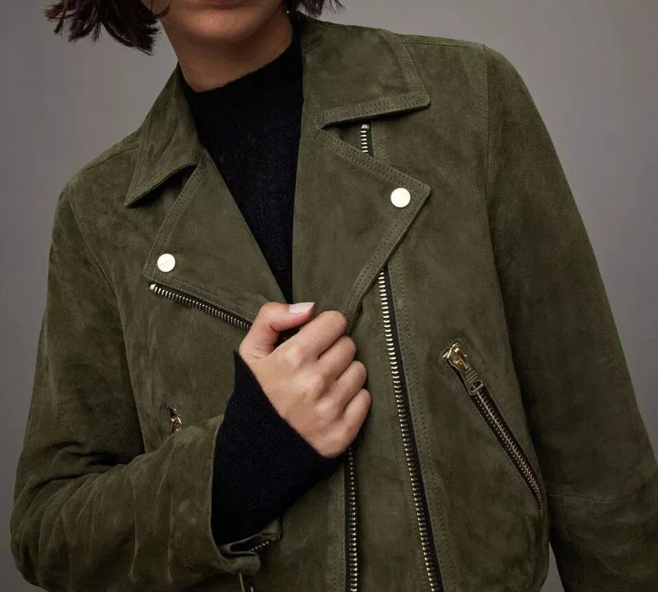 Women's Olive Green Original Suede Leather Moto Jacket - Premium Full-Grain Handcrafted Classic