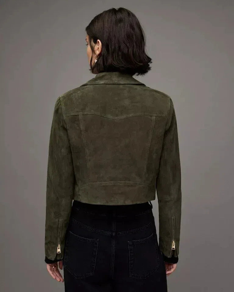 Women's Olive Green Original Suede Leather Moto Jacket - Premium Full-Grain Handcrafted Classic