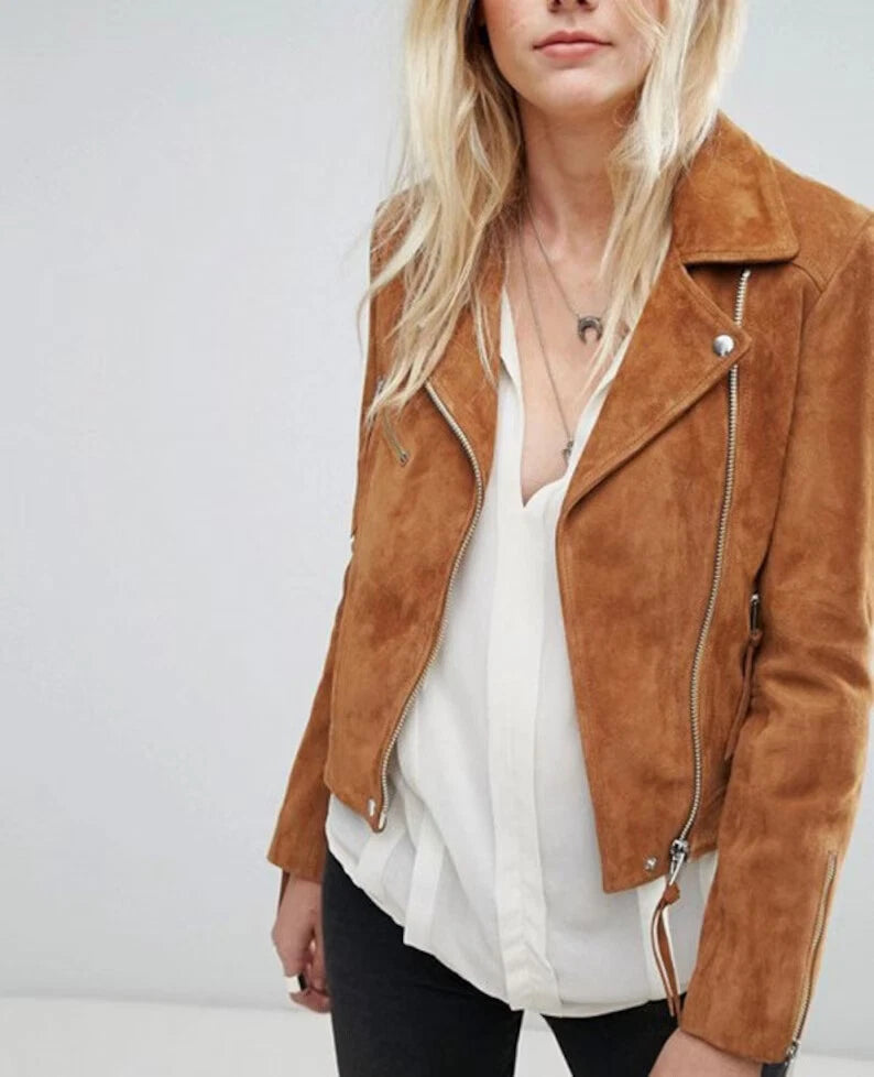Women's Caramel Tan Suede Leather Moto Jacket - Premium Full-Grain Handcrafted Classic
