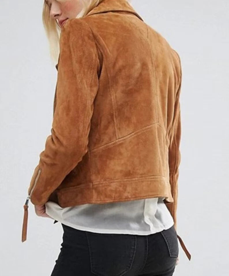 Women's Caramel Tan Suede Leather Moto Jacket - Premium Full-Grain Handcrafted Classic