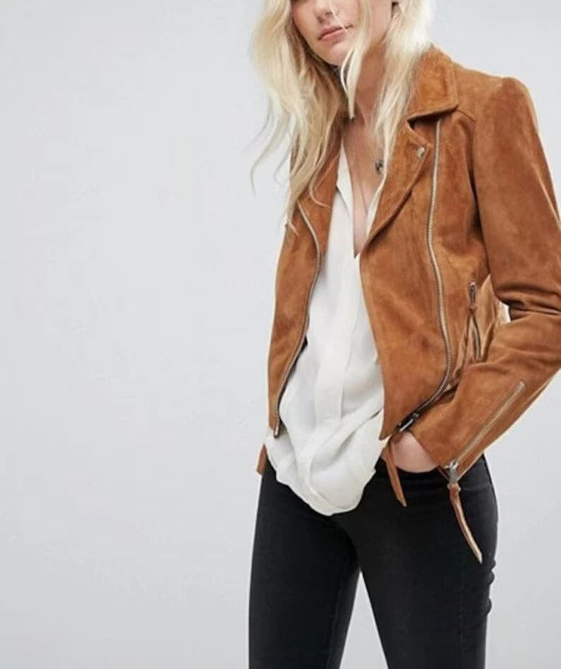 Women's Caramel Tan Suede Leather Moto Jacket - Premium Full-Grain Handcrafted Classic
