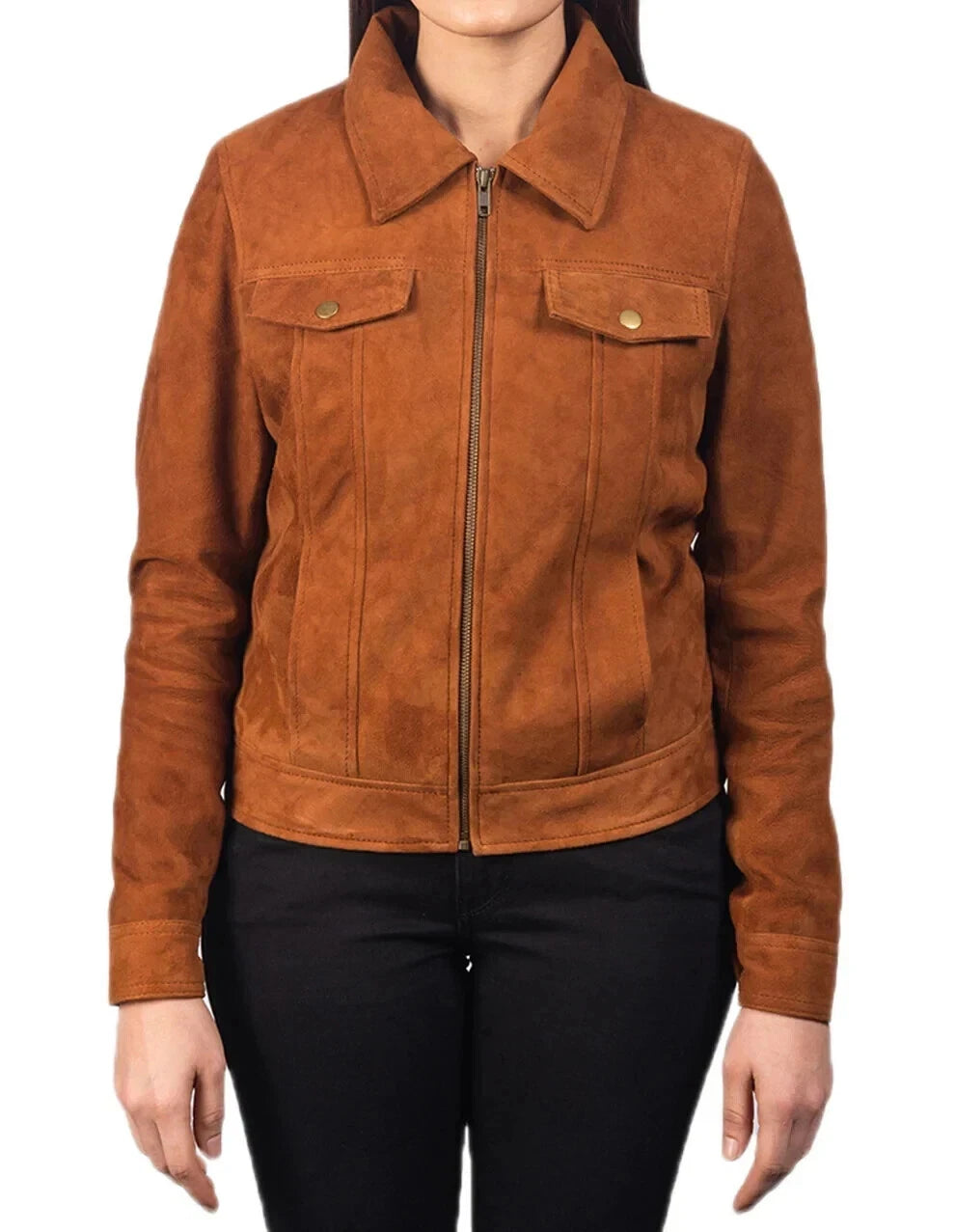 Women's Cognac Brown Suede Leather Trucker Jacket - Premium Full-Grain Handcrafted