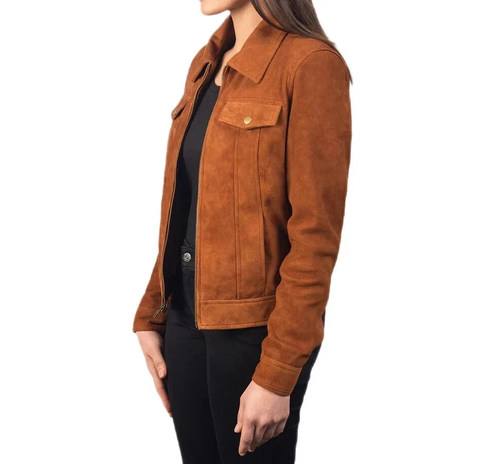 Women's Cognac Brown Suede Leather Trucker Jacket - Premium Full-Grain Handcrafted
