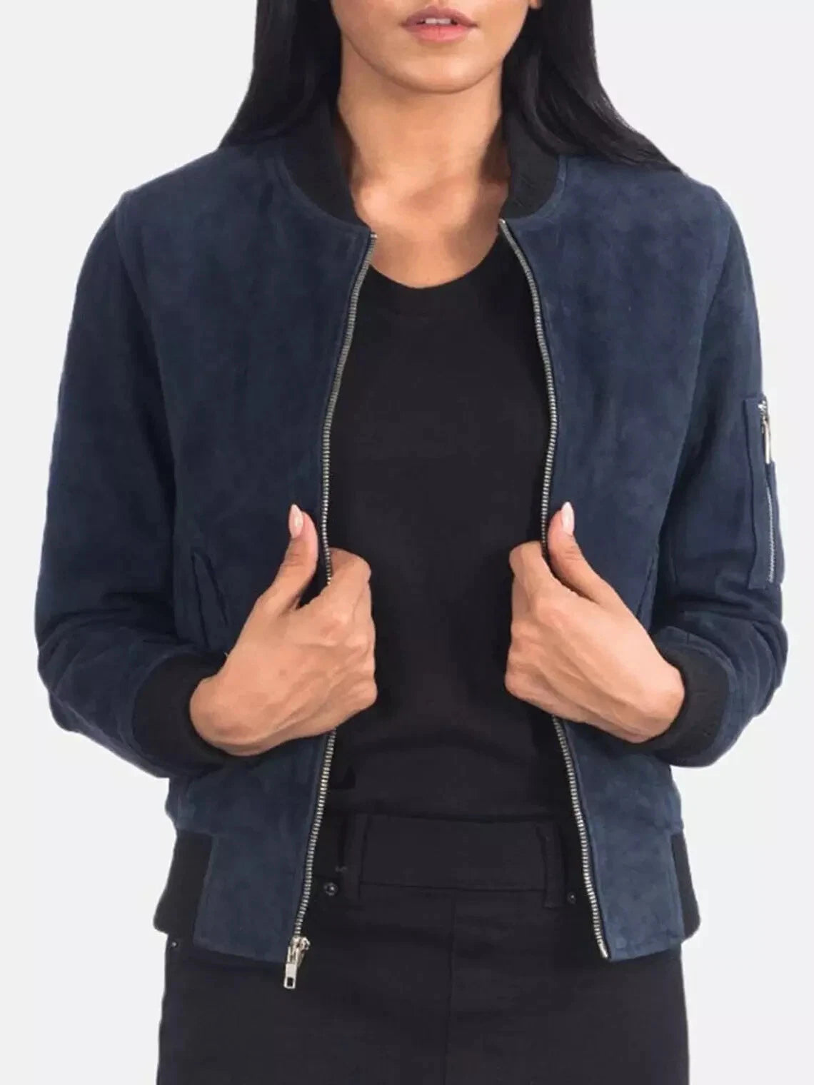 Women's Navy Blue Suede Leather Bomber Jacket - Premium Full-Grain Handcrafted MA-1