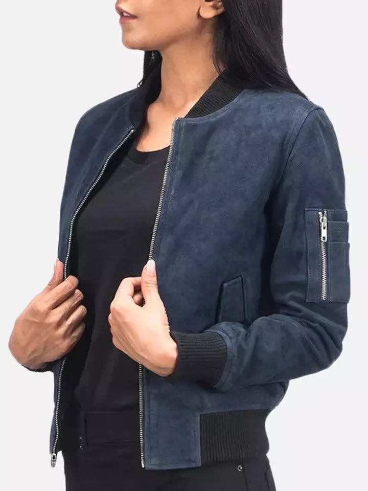 Women's Navy Blue Suede Leather Bomber Jacket - Premium Full-Grain Handcrafted MA-1