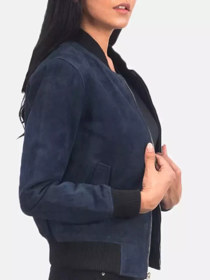Women's Navy Blue Suede Leather Bomber Jacket - Premium Full-Grain Handcrafted MA-1