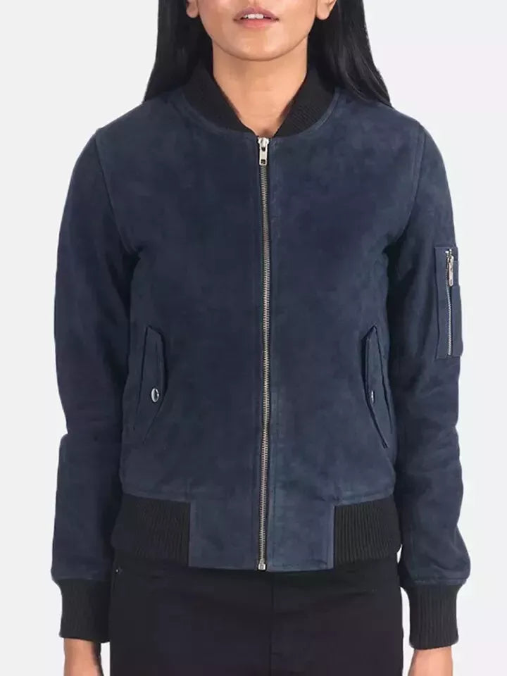 Women's Navy Blue Suede Leather Bomber Jacket - Premium Full-Grain Handcrafted MA-1
