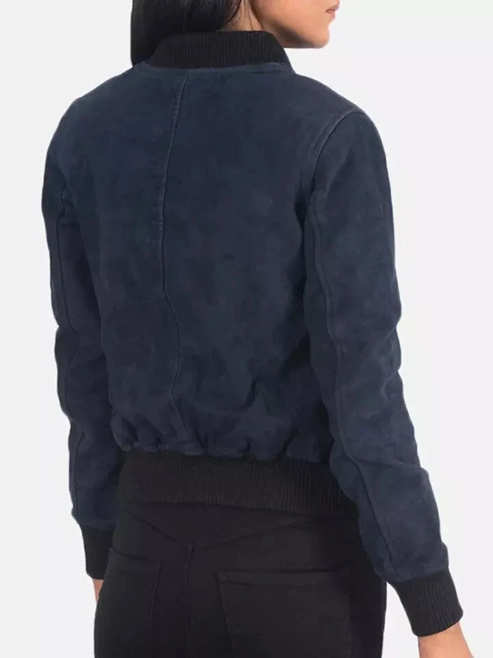 Women's Navy Blue Suede Leather Bomber Jacket - Premium Full-Grain Handcrafted MA-1