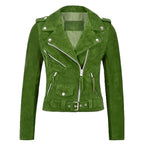 Women's Emerald Green Suede Leather Original Moto Jacket - Premium Full-Grain Handcrafted Silver – front view – Kamercio