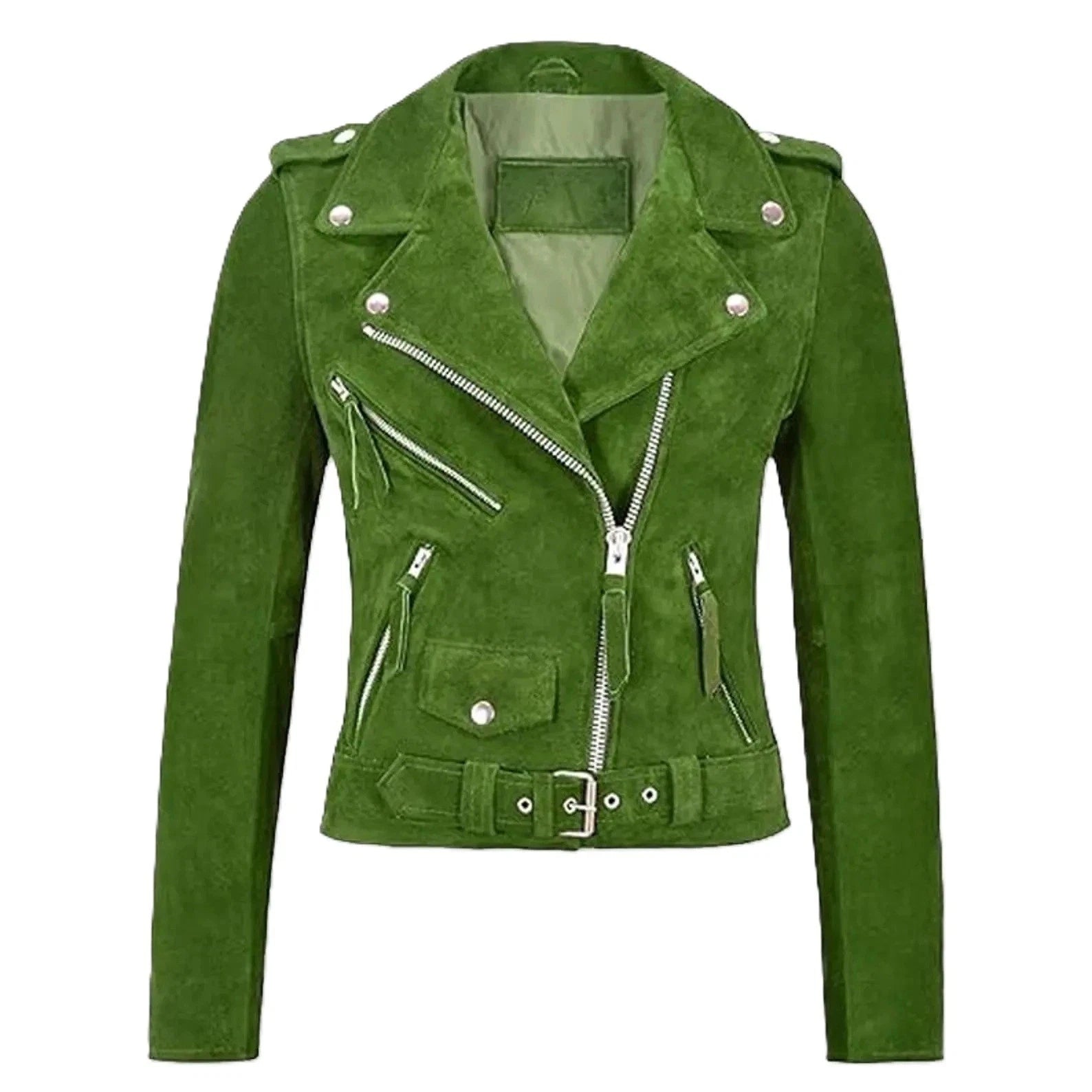 Women's Emerald Green Suede Leather Original Moto Jacket - Premium Full-Grain Handcrafted Silver Hardware