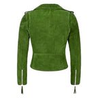 Women's Emerald Green Suede Leather Original Moto Jacket - Premium Full-Grain Handcrafted Silver – back view – Kamercio