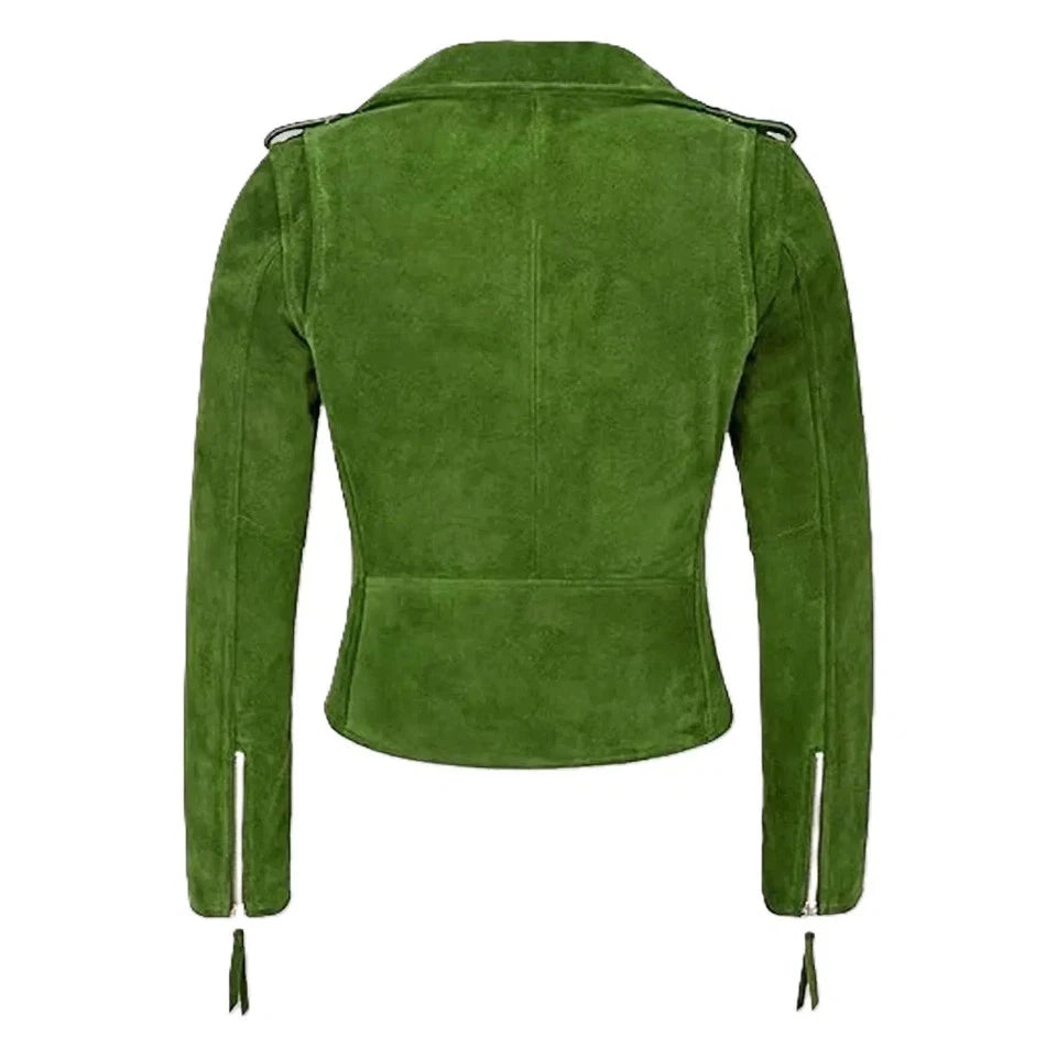 Women's Emerald Green Suede Leather Original Moto Jacket - Premium Full-Grain Handcrafted Silver Hardware