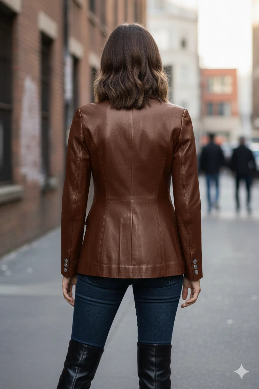 Women's Brown Original Leather Blazer with Peplum Waist - Premium Full-Grain Leather Jacket
