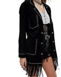 Women's Black Suede Fringed Original Leather Jacket with Silver Studs - Handcrafted Full Grain Leather