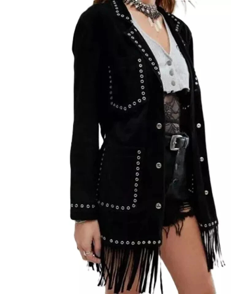 Women's Black Suede Fringed Original Leather Jacket with Silver Studs - Handcrafted Full Grain Leather