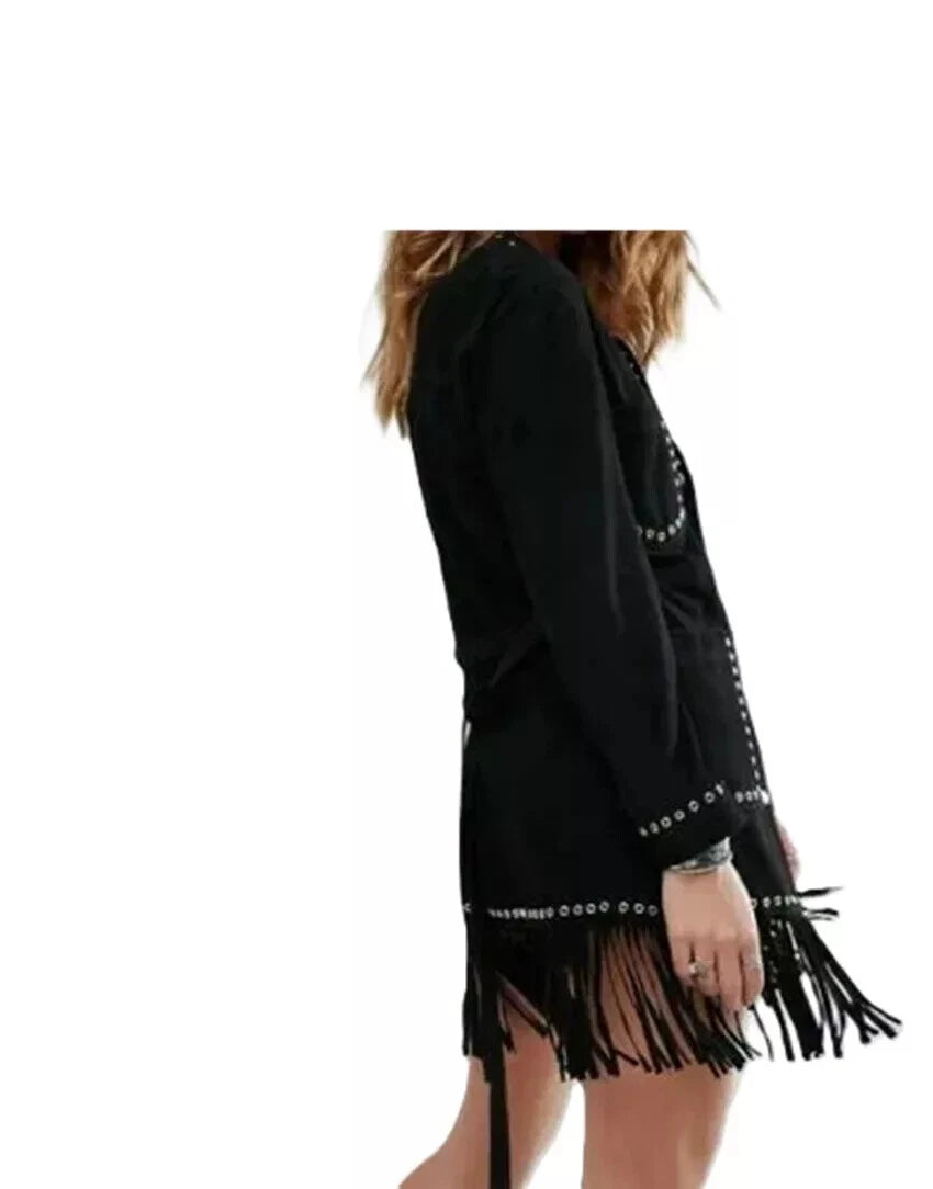 Women's Black Suede Fringed Original Leather Jacket with Silver Studs - Handcrafted Full Grain Leather