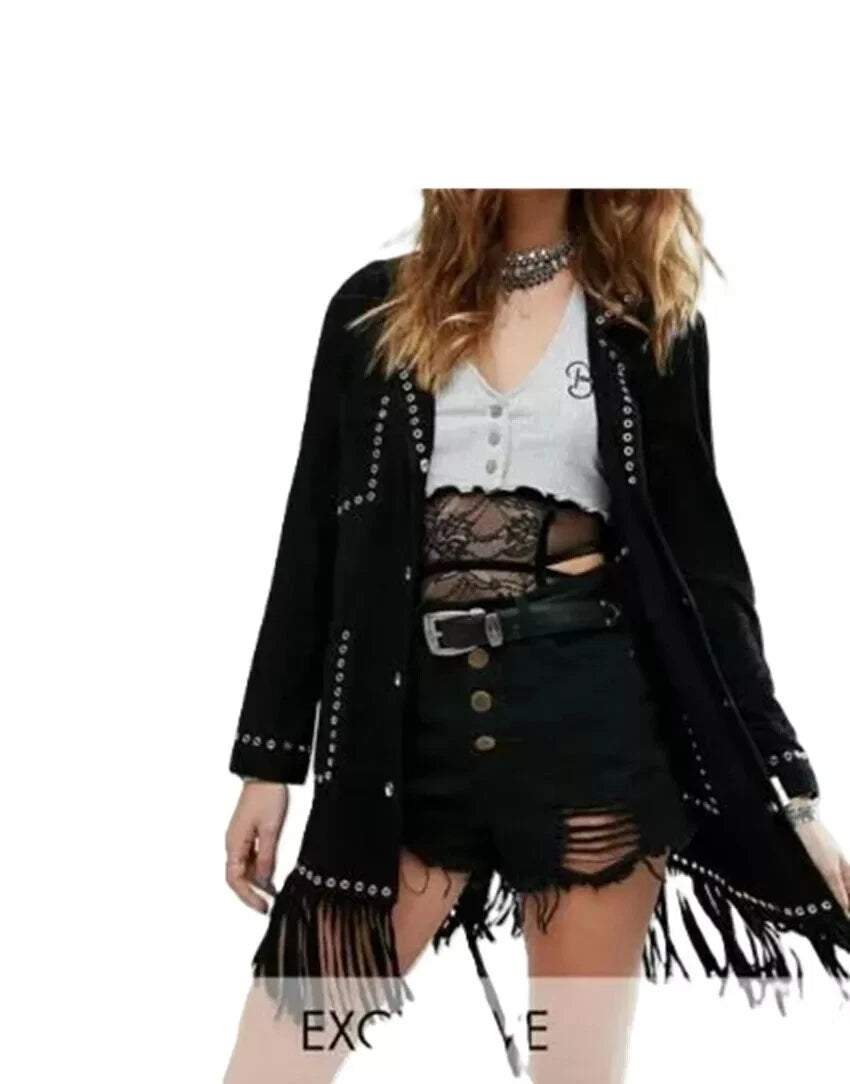 Women's Black Suede Fringed Original Leather Jacket with Silver Studs - Handcrafted Full Grain Leather