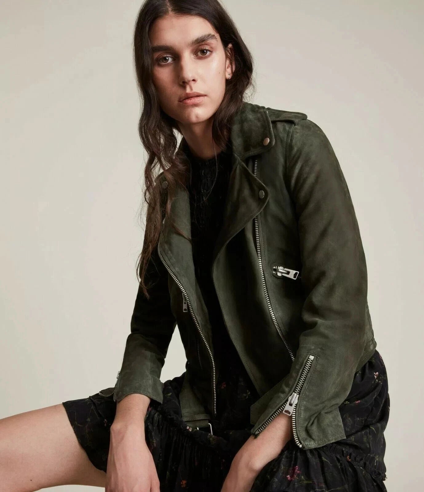 Women's Olive Green Original Suede Leather Moto Jacket - Handcrafted Full Grain Leather Biker Jacket