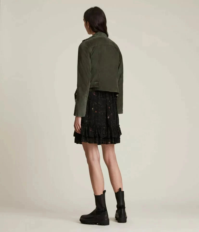 Women's Olive Green Original Suede Leather Moto Jacket - Handcrafted Full Grain Leather Biker Jacket