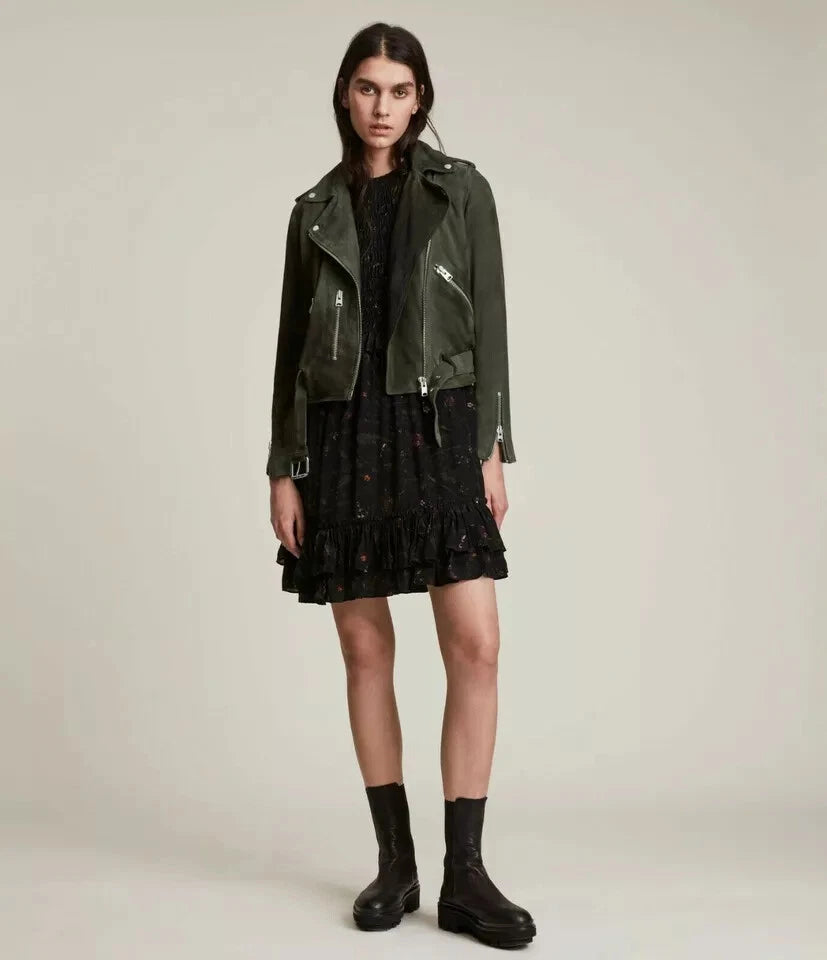 Women's Olive Green Original Suede Leather Moto Jacket - Handcrafted Full Grain Leather Biker Jacket