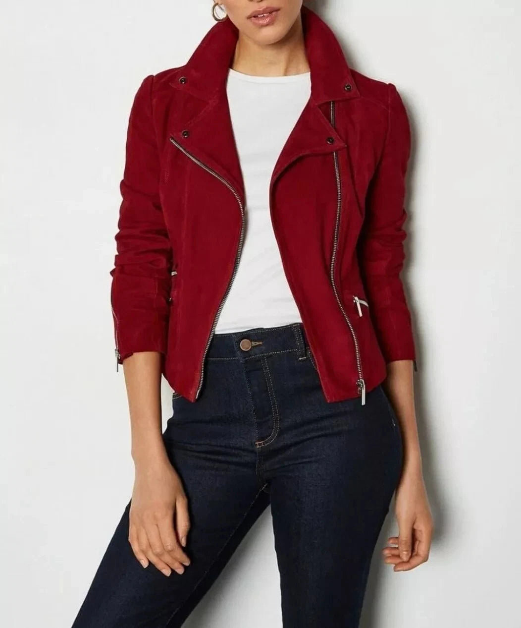 Women's Red Original Suede Leather Moto Jacket - Handcrafted Full Grain Biker Jacket with Silver Zippers