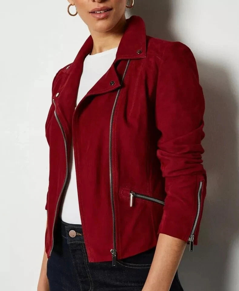 Women's Red Original Suede Leather Moto Jacket - Handcrafted Full Grain Biker Jacket with Silver Zippers