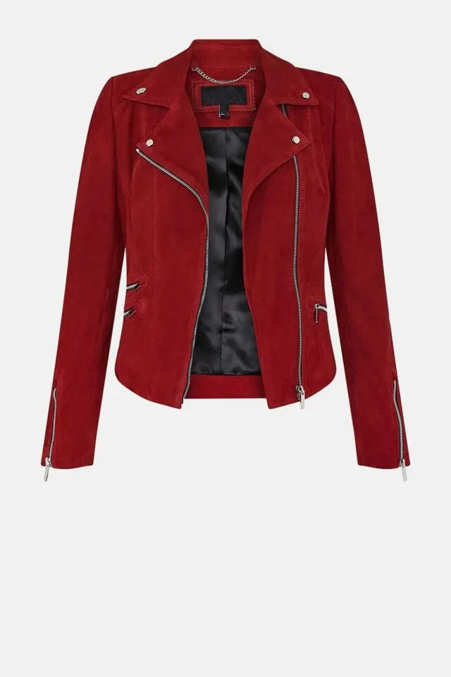 Women's Red Original Suede Leather Moto Jacket - Handcrafted Full Grain Biker Jacket with Silver Zippers