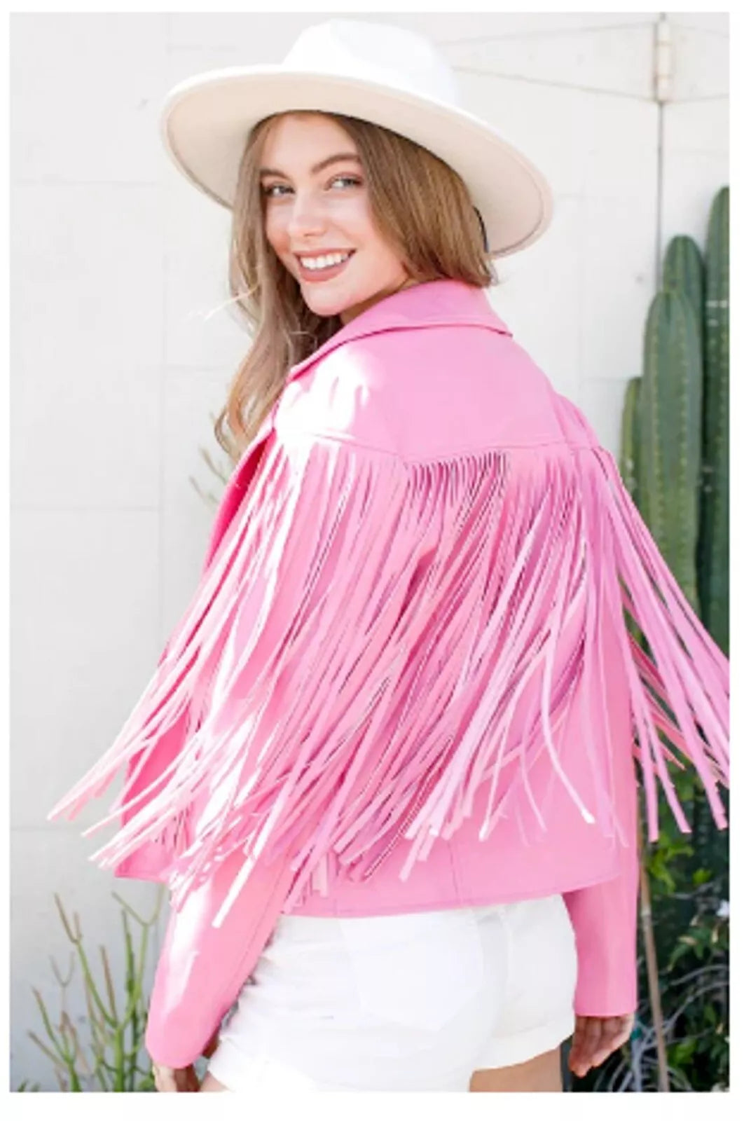 Women's Pink Suede Original Leather Fringed Jacket - Handcrafted Full Grain Leather Moto Jacket