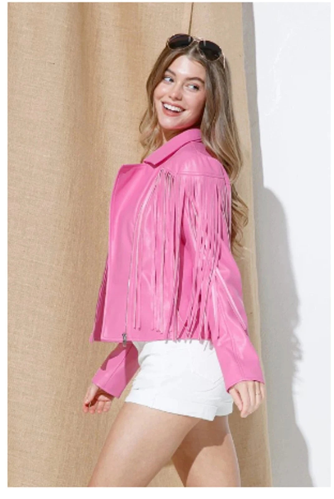 Women's Pink Suede Original Leather Fringed Jacket - Handcrafted Full Grain Leather Moto Jacket