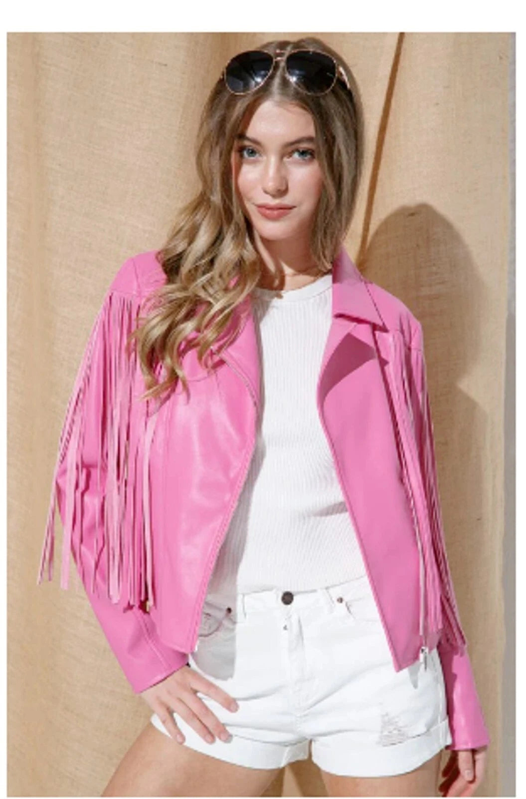 Women's Pink Suede Original Leather Fringed Jacket - Handcrafted Full Grain Leather Moto Jacket