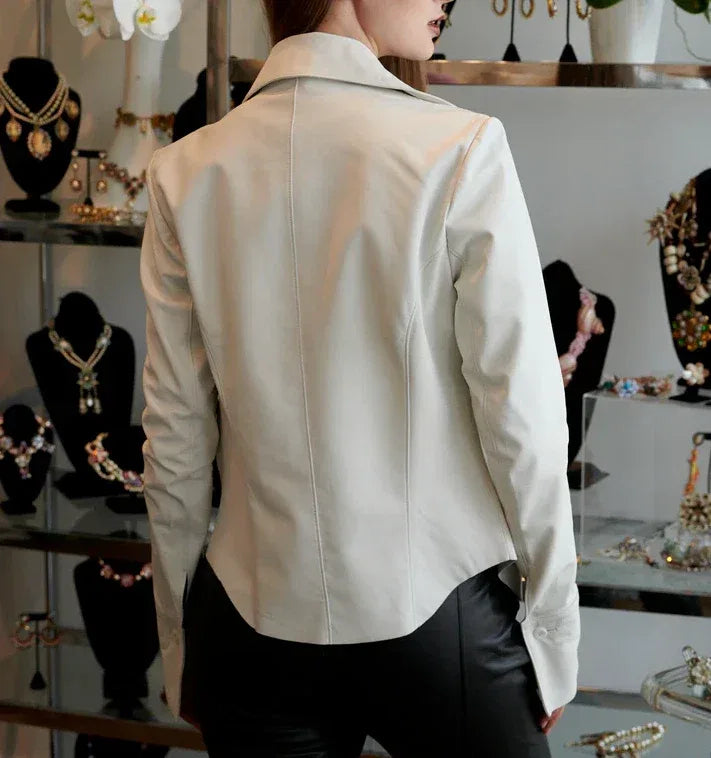 Women's White Full Grain Original Leather Jacket - Handcrafted Premium Outerwear