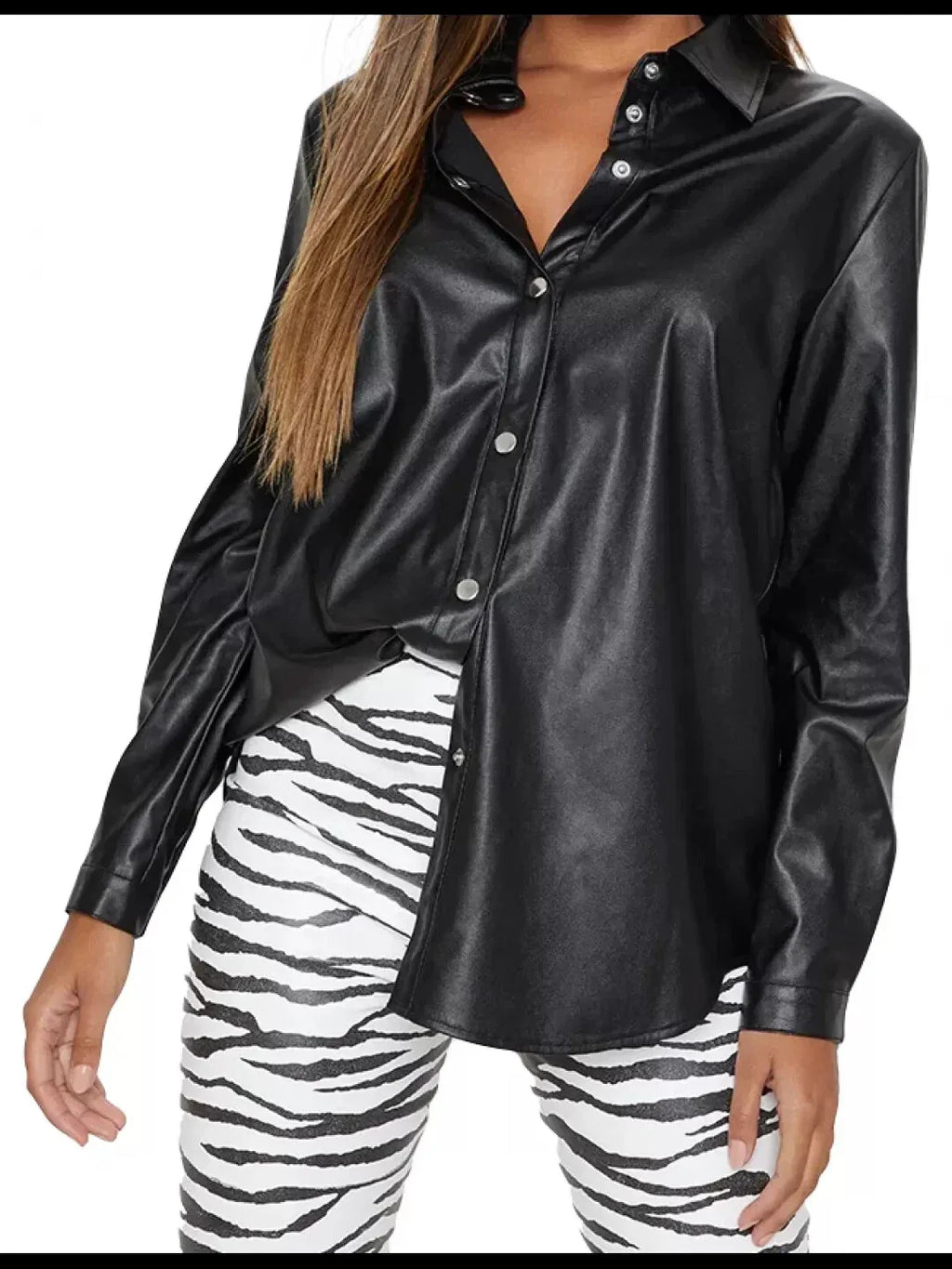 Women's Black Full Grain Original Leather Shirt - Handcrafted Oversized Button-Down