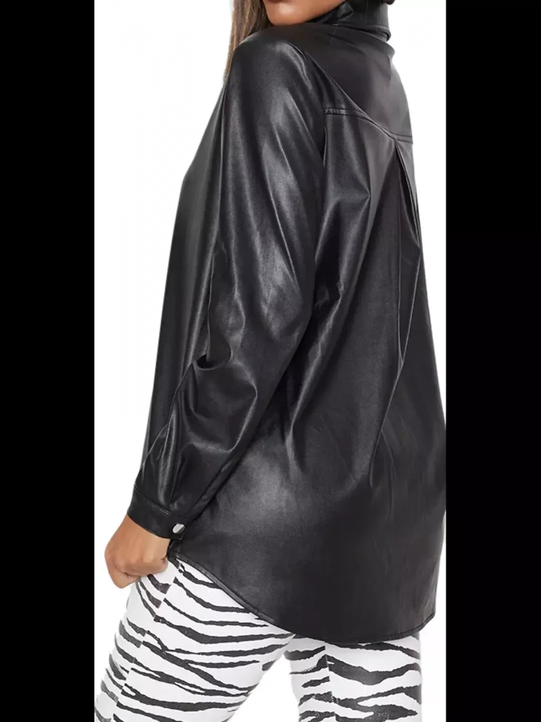 Women's Black Full Grain Original Leather Shirt - Handcrafted Oversized Button-Down
