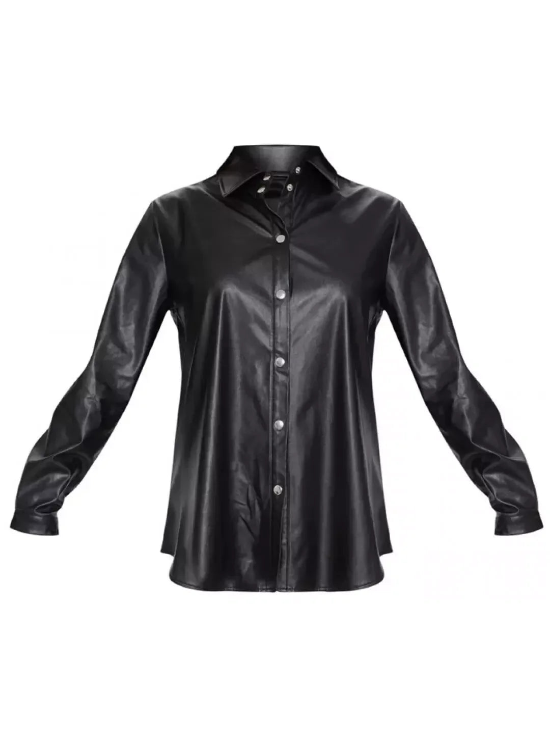 Women's Black Full Grain Original Leather Shirt - Handcrafted Oversized Button-Down