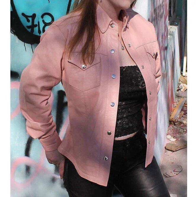 Women's Blush Pink Full Grain Original Leather Shirt Jacket - Handcrafted Western Style