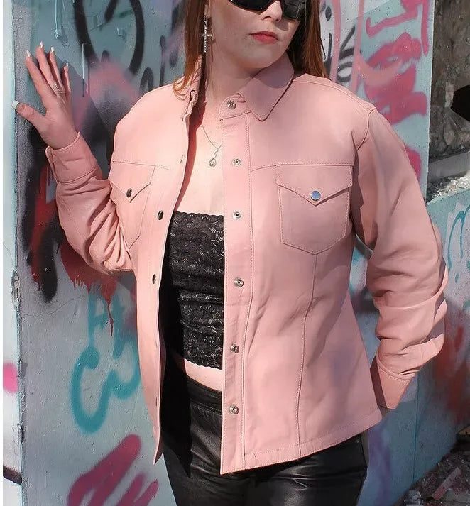 Women's Blush Pink Full Grain Original Leather Shirt Jacket - Handcrafted Western Style