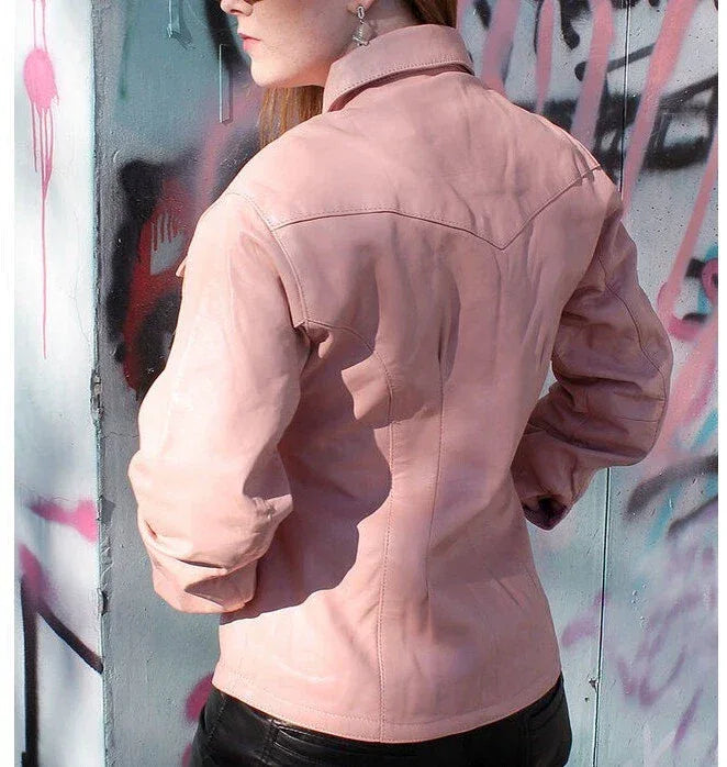 Women's Blush Pink Full Grain Original Leather Shirt Jacket - Handcrafted Western Style