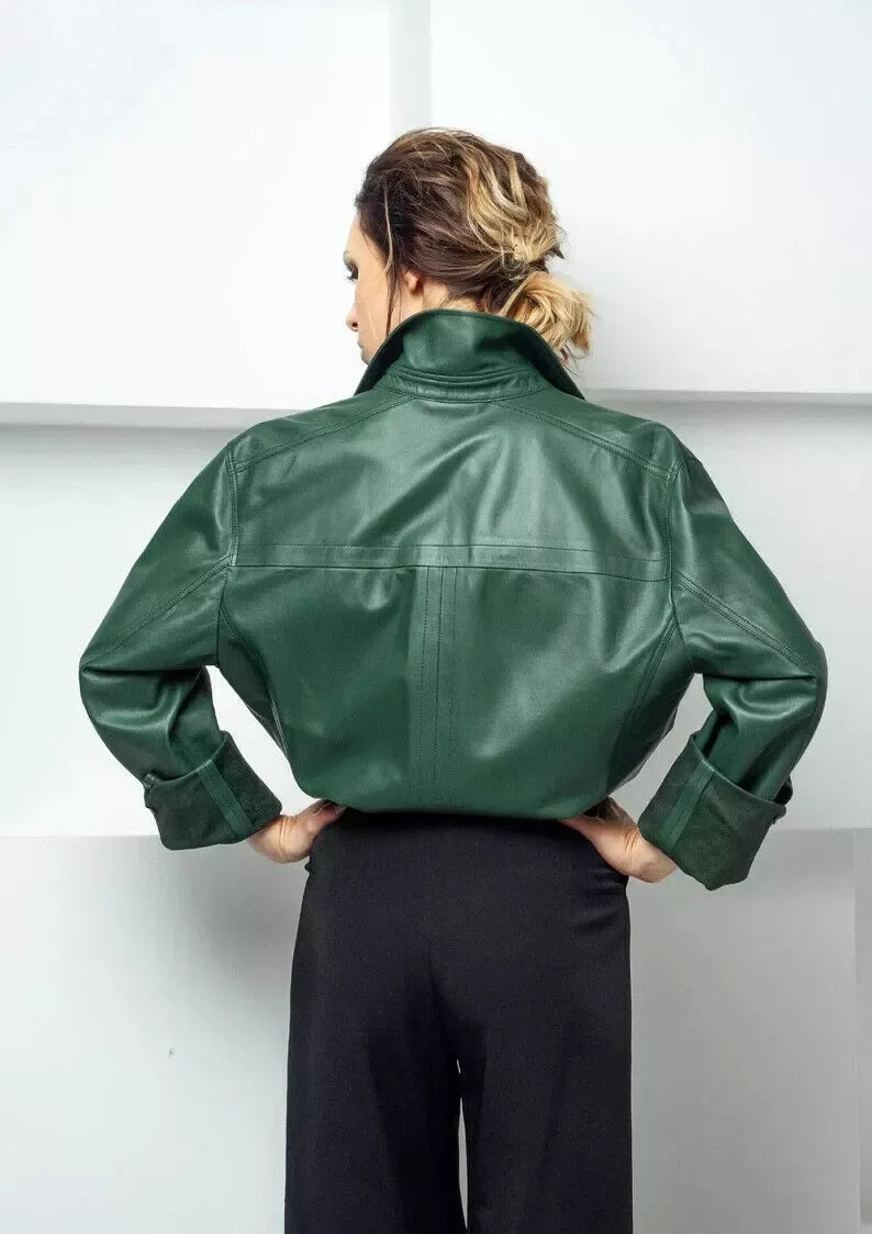 Women's Emerald Green Full Grain Original  Leather Shirt - Handcrafted Oversized Button-Down
