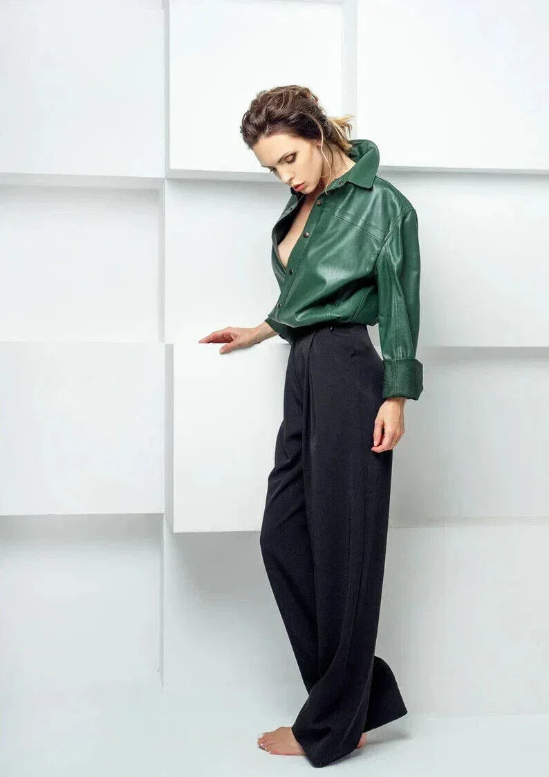 Women's Emerald Green Full Grain Original  Leather Shirt - Handcrafted Oversized Button-Down