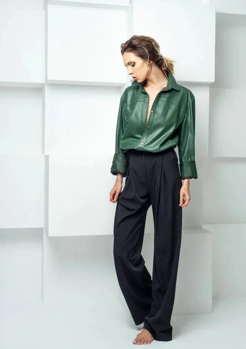 Women's Emerald Green Full Grain Original  Leather Shirt - Handcrafted Oversized Button-Down