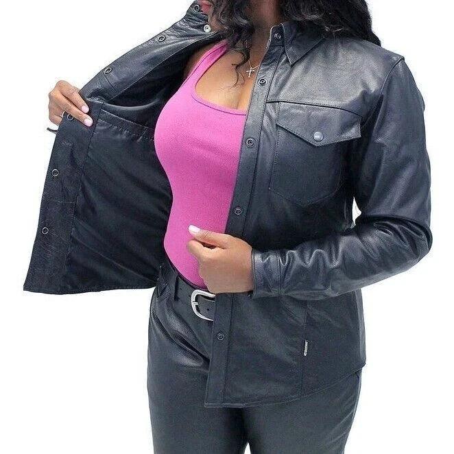 Women's Black Full Grain Original Leather Shirt Jacket - Handcrafted with Chest Pockets