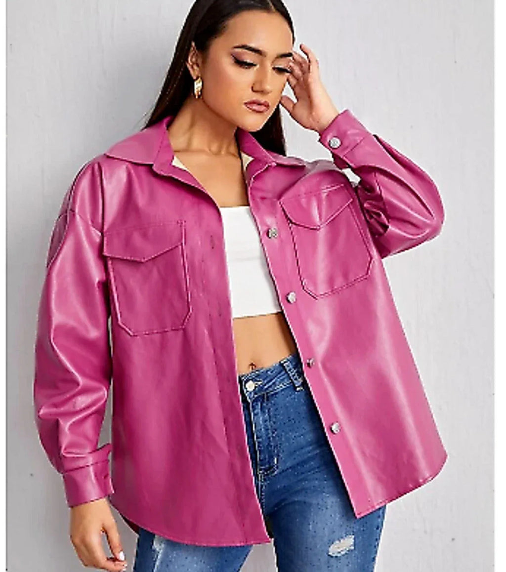 Women's Hot Pink Full Grain Leather Original Shirt Jacket - Handcrafted Oversized with Chest Pockets